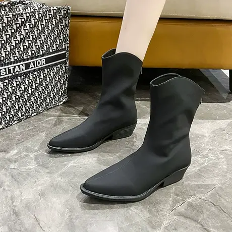 靴子女2023新款秋季粗跟尖头马丁短靴v口显瘦高级感春秋复古女靴商品大图