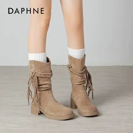 达芙妮废土风西部堆堆靴子女夏秋2025新款流苏短靴复古粗跟骑士靴商品大图