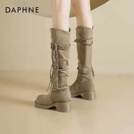 达芙妮西部长筒靴子女2025新款秋季爆款流苏棕色堆堆靴女款骑士靴商品大图