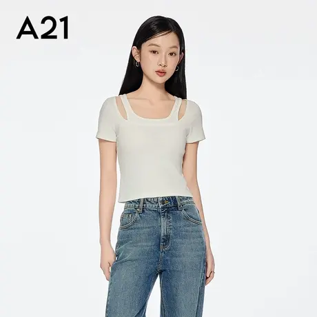 A21女装假两件拼接圆领T恤简约百搭设计感微弹棉上衣商品大图