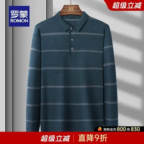 罗蒙男士商务百搭翻领长袖针织衫2025秋季新款条纹套头衫休闲毛衣商品大图