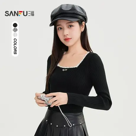 #三福打底毛衫2025冬季蕾丝拼接方领修身内搭上衣女装505944商品大图