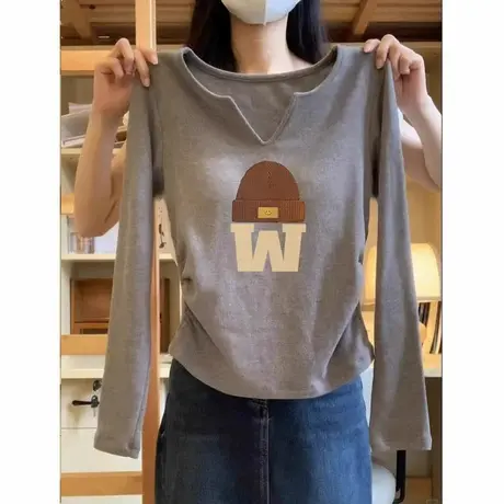 小个子短款长袖T恤女春秋季修身韩版百搭打底衫V领正肩上衣体恤潮图片