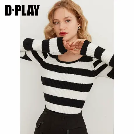 DPLAY【惠品】2022夏新黑白条纹休闲圆领针织小衫复古通勤毛衣商品大图