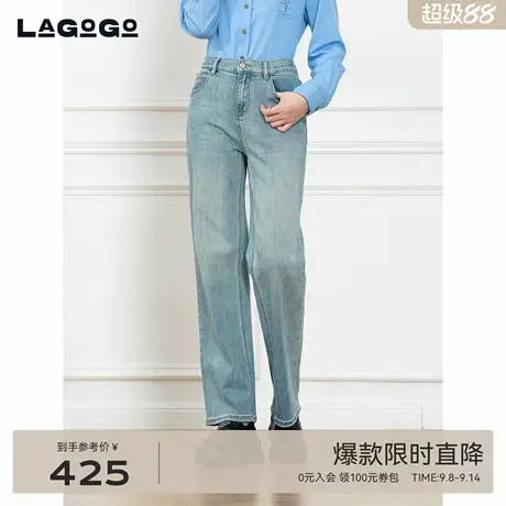 LAGOGO浅牛仔蓝复古高腰长裤女拉谷谷2025秋新款牛仔裤OCNN537D91图片