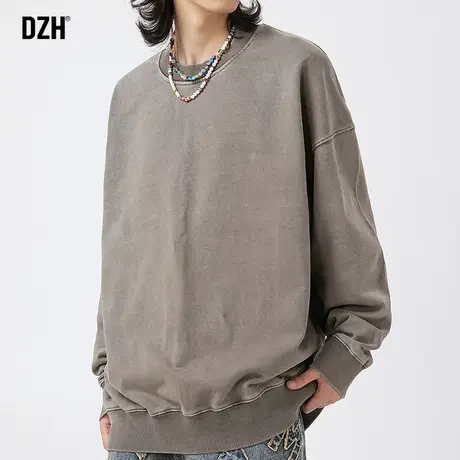 男士美式复古卫衣男重磅圆领宽松纯棉上衣纯色内搭2023新款打底衫商品大图