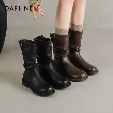 达芙妮平底短靴女2026新款冬季加绒中筒靴瘦瘦靴堆堆靴马丁骑士靴图片