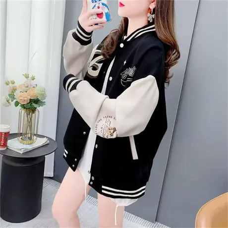美式复古棒球服女春秋2023年新款宽松慵懒学院风刺绣卫衣开衫外套商品大图