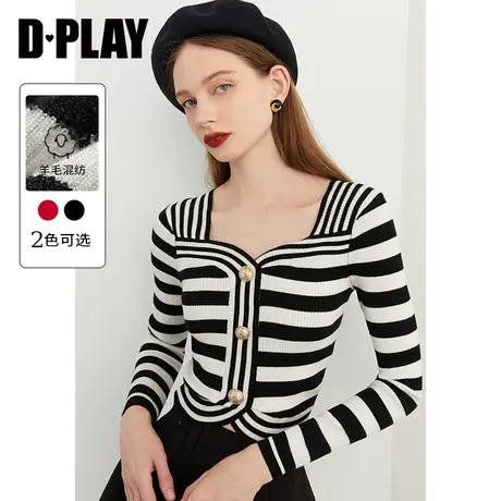 DPLAY秋季新品休闲通勤熊猫色条纹修身短款定制金属扣针织衫商品大图