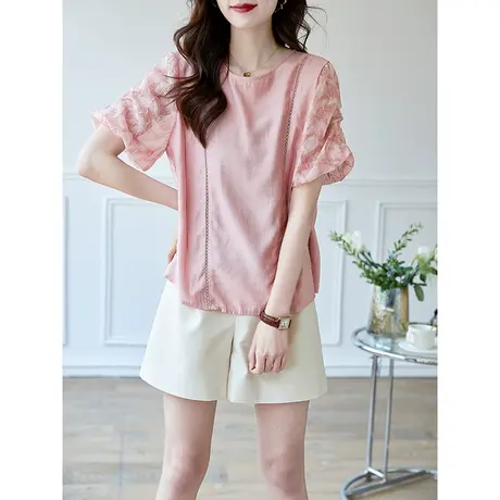 宝诗黎圆领蕾丝拼接雪纺衫女新款2023夏季泡泡短袖纯色套头上衣女商品大图