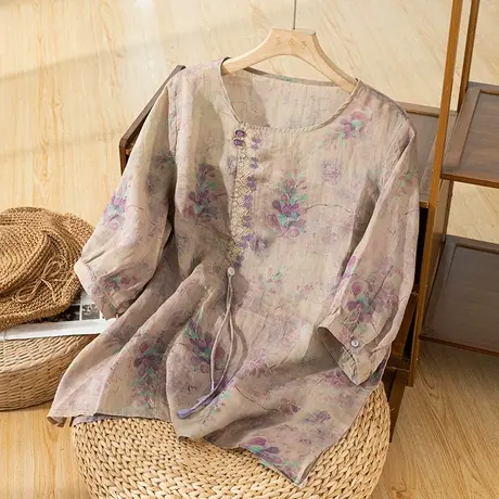 享永子七分袖苎麻上衣女夏印花文艺复古棉麻小衫宽松国风2023新款商品大图