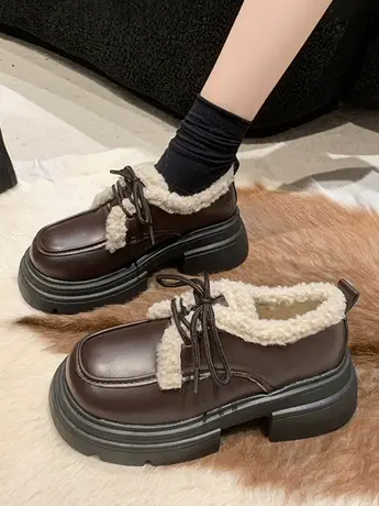 英伦风加绒小皮鞋女2023新款秋冬季保暖毛毛鞋厚底百搭乐福鞋棉鞋图片