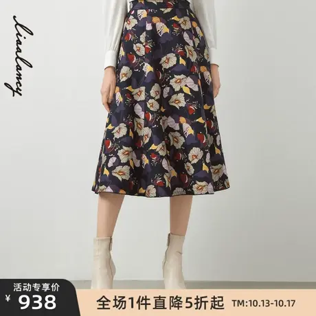LANCY/朗姿冬季新款高腰印花半身裙女收腰显瘦高级中长款裙子图片