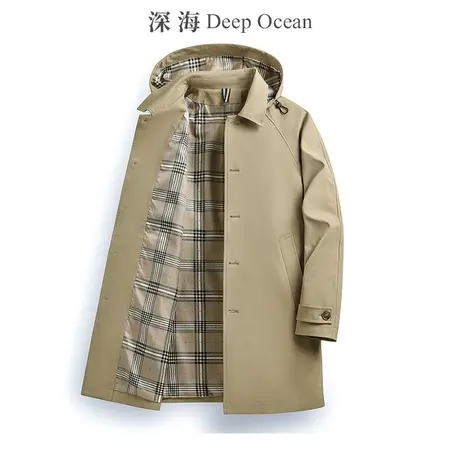 深海加绒加厚保暖男士百搭连帽风衣长款翻领宽松披风外套休闲大衣图片
