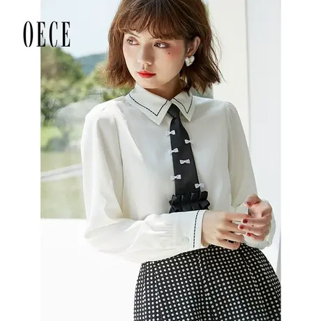 Oece气质白色衬衫春秋春季新款女学院设计感上衣长袖衬衣图片