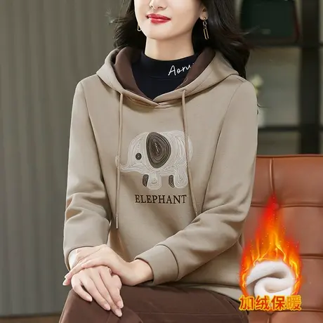 连帽加绒卫衣女秋冬2023年新款时尚刺绣女装加厚休闲上衣修身显瘦商品大图