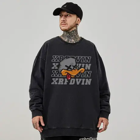 重磅美式复古嘻哈大码卫衣男士圆领纯棉水洗做旧高街加绒秋冬男款图片