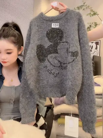 卡通米奇慵懒套头毛衣女秋冬新款提花亮片圆领宽松针织百搭上衣潮图片