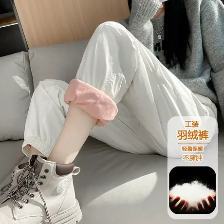 白色轻薄羽绒工装裤女2023新款冬季外穿加厚保暖休闲加绒直筒棉裤图片