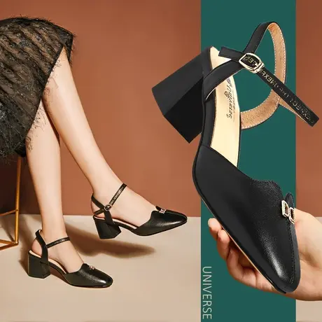 清仓水钻真皮粗跟凉鞋舒适高跟软皮不磨脚包头一字扣女鞋商品大图