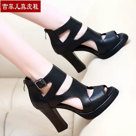 真皮性感女鞋2023秋天新款高跟鞋夏季女士镂空黑色罗马鞋女款凉鞋商品大图