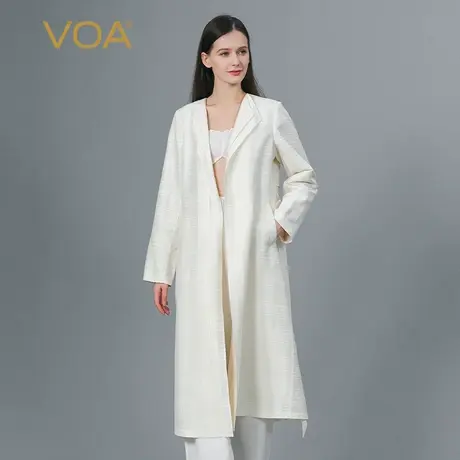 VOA格纹桑蚕丝翻领长袖绑带门襟直筒通勤款侧口袋简约风衣外套秋商品大图