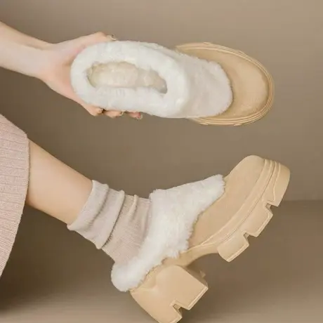 高级感厚底毛毛拖鞋女秋冬外穿2023新款坡跟粗高跟鞋加绒包头棉鞋商品大图