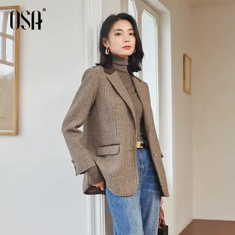 OSA欧莎复古格子毛呢西装外套女秋冬季2023年新款休闲宽松小西服商品大图