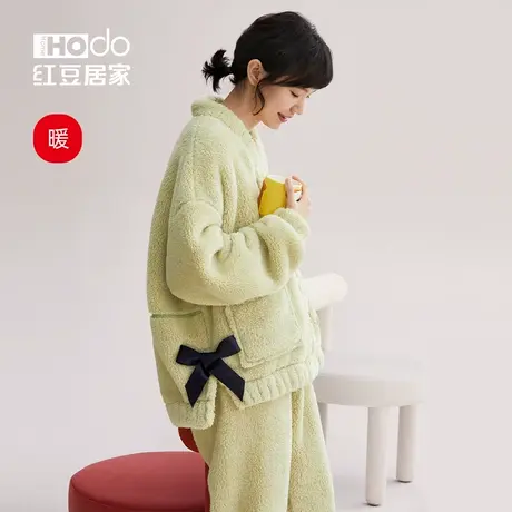 红豆居家珊瑚绒睡衣女款加厚法兰绒少女蝴蝶结保暖家居服可外穿商品大图