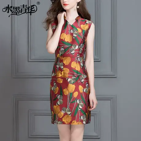 【1件7.9折】冬装新品时尚一步裙修身无袖背心裙优雅印花连衣裙图片