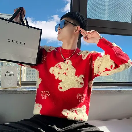 圆领毛衣男秋冬季潮流卡通图案潮牌套头针织衫休闲学生情侣打底衫商品大图