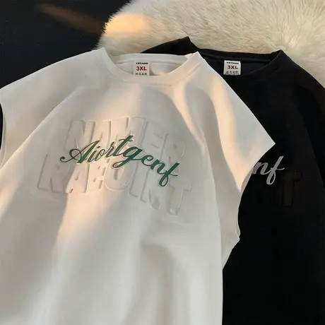 设计感小众钢印字母背心男潮牌潮流无袖T恤夏季休闲运动砍袖上衣图片