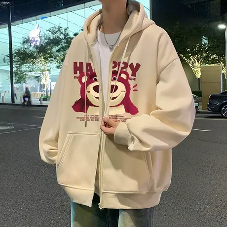 卡通草莓小熊连帽卫衣男春秋季2024新款宽松上衣潮牌拉链开衫外套商品大图