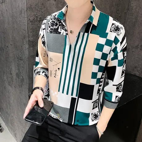 2023年短袖t恤男五分袖男士半袖潮流衣服中袖衬衫ins七分袖男7分商品大图