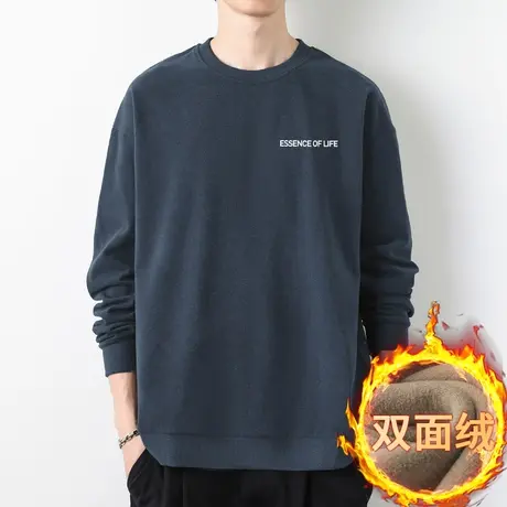 圆领卫衣男秋冬款加绒保暖双面绒套头无帽宽松潮流字母印花长袖商品大图