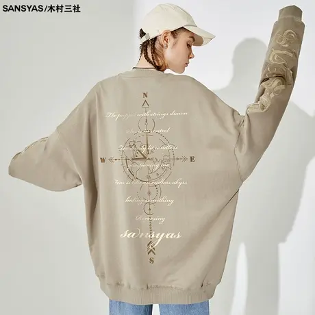 木村三社SANSYAS 指南针刺绣美式纯棉卫衣男正肩长袖秋冬款外套商品大图