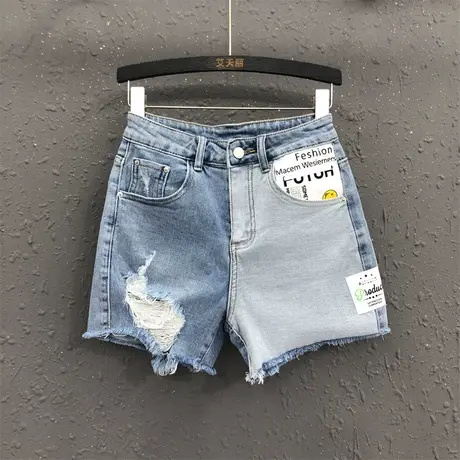 牛仔短裤女2023夏季新款个性AB面字母贴布破洞潮流高腰阔腿裤热裤商品大图