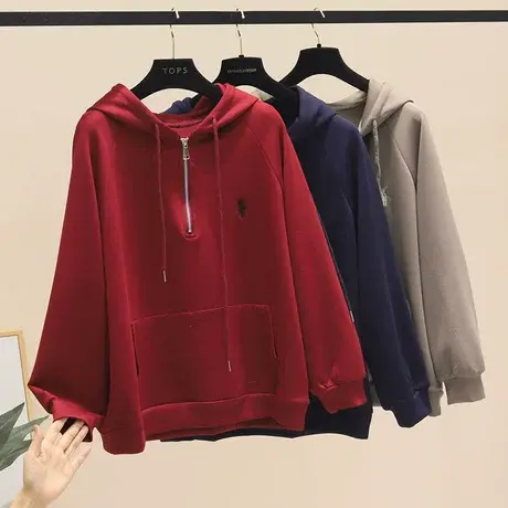秋季新款连帽半拉链宽松显瘦休闲卫衣慵懒风套头简约上衣潮流时尚商品大图