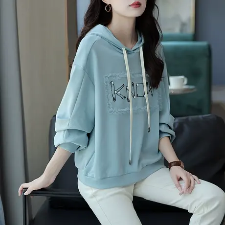 宝诗黎连帽网纱字母落肩卫衣2023年早秋新款减龄上衣时尚钉珠女装商品大图