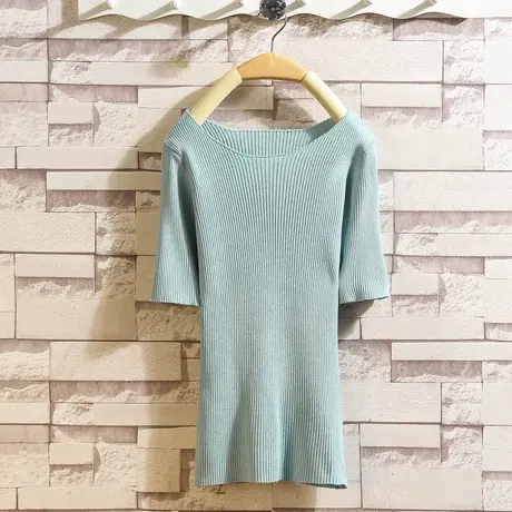 清仓！春夏新款圆领套头短袖紧身修身冰丝针织薄款一字领打底衫女商品大图