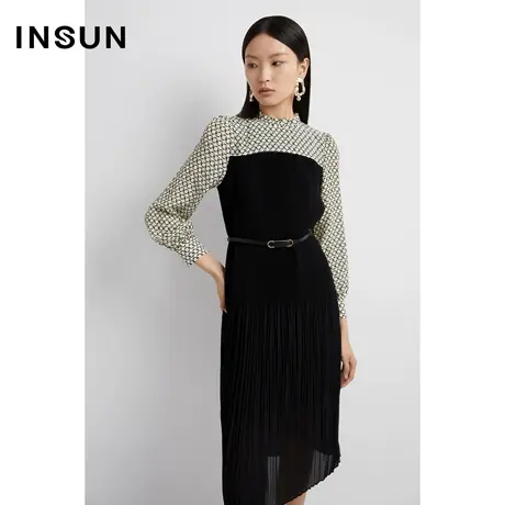 INSUN恩裳线上专选秋季几何印花荷叶领连衣裙图片