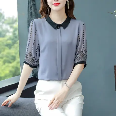 2023夏季新款雪纺衬衫女中老年妈妈40岁女洋气质大码短袖夏装上衣图片