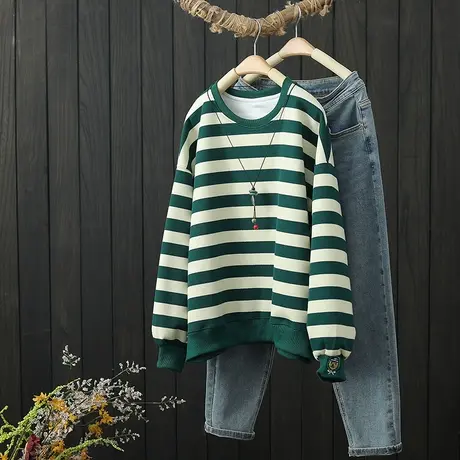 秋季2022新款文艺条纹卡通刺绣卫衣女装圆领宽松大码长袖上衣春秋图片