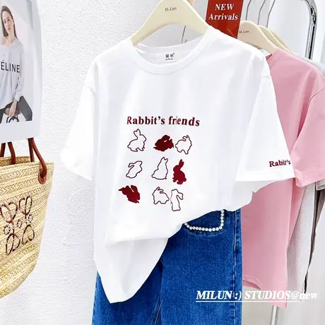 小个子短袖上衣2023夏款韩国东大门别致设计感兔子T恤打底纯棉tee图片