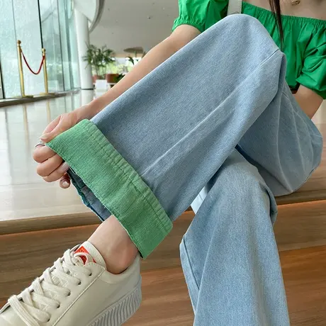 绿色卷边牛仔裤女春秋2023年新款宽松高腰显瘦直筒破洞阔腿长裤子商品大图