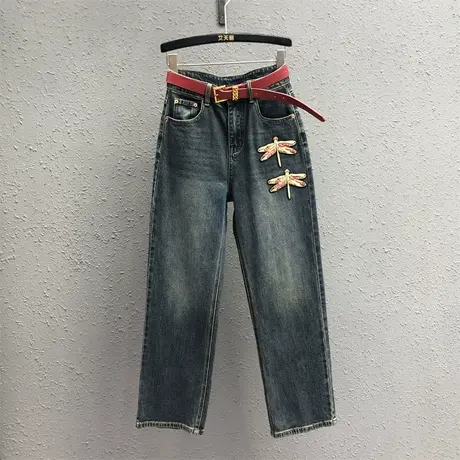 刺绣牛仔裤女2023秋季新款复古高腰显瘦休闲百搭直筒裤洋气长裤潮商品大图