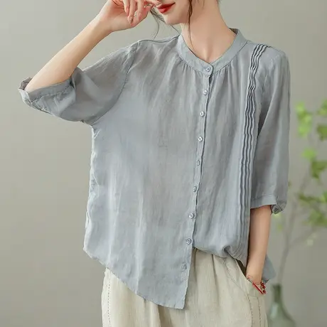 dza 复古压褶苎麻衬衫女2023夏薄款白色衬衣休闲宽松棉麻开衫上衣商品大图