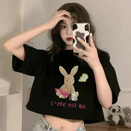 小众独特短款上衣女宽松辣妹夏季高腰百搭体恤美式复古短袖t恤女商品大图