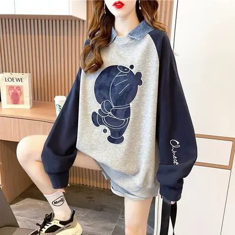 翻领polo衫卫衣女春秋季韩版宽松大码薄款牛仔领假两件上衣外套潮商品大图