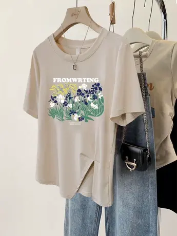 短袖t恤chic复古风设计感小众女夏宽松纯棉ins潮韩版休闲百搭上衣图片